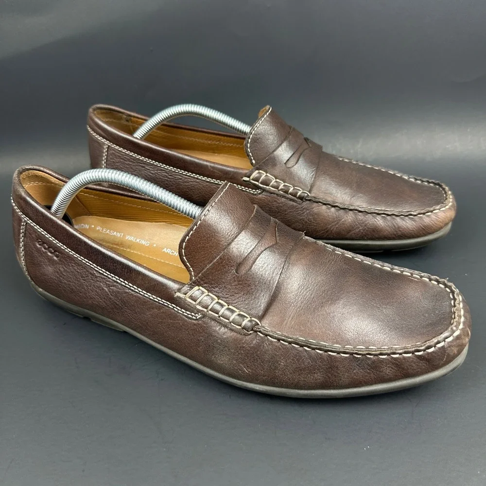ECCO Mens Brown Leather Penny Loafers Handsewn Driving Shoes Moc 45 US 11-11.5
